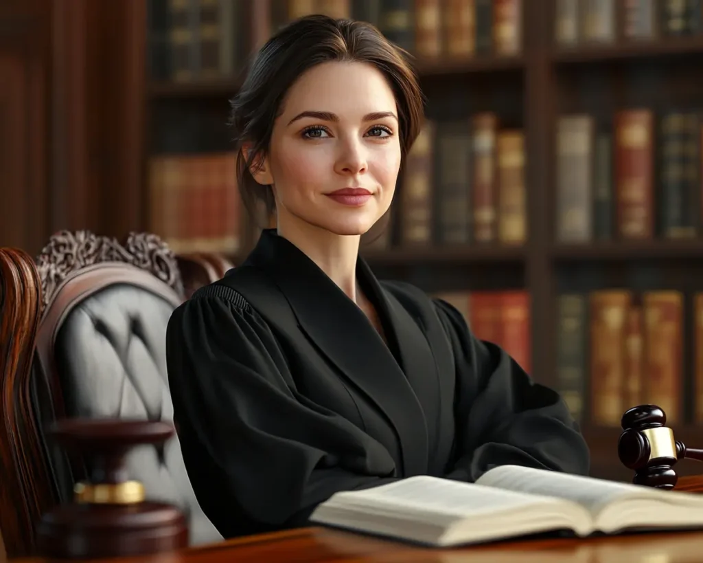 Confident female judge in black robes sitting at a courtroom desk with law books and a gavel, embodying the leadership and moral clarity of those born on Thursday