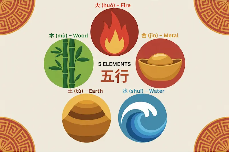 Circle of five elements, wood, fire, metal, water, earth elements