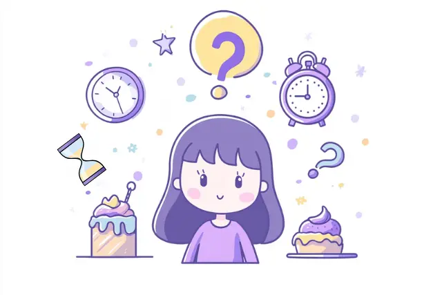 Cute flat cartoon of a girl surrounded by clocks, cupcakes, and question marks, symbolizing birthday curiosity and time-related questions — ideal for an age calculator FAQ section.