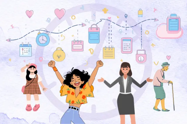 Flat cartoon illustration showing a girl's life stages from childhood to old age, with calendar and clock icons representing time progression — symbolizing how the age calculator tracks time.