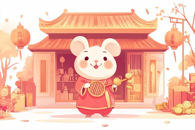 rat merchant standing infront of the shop, Chinese style