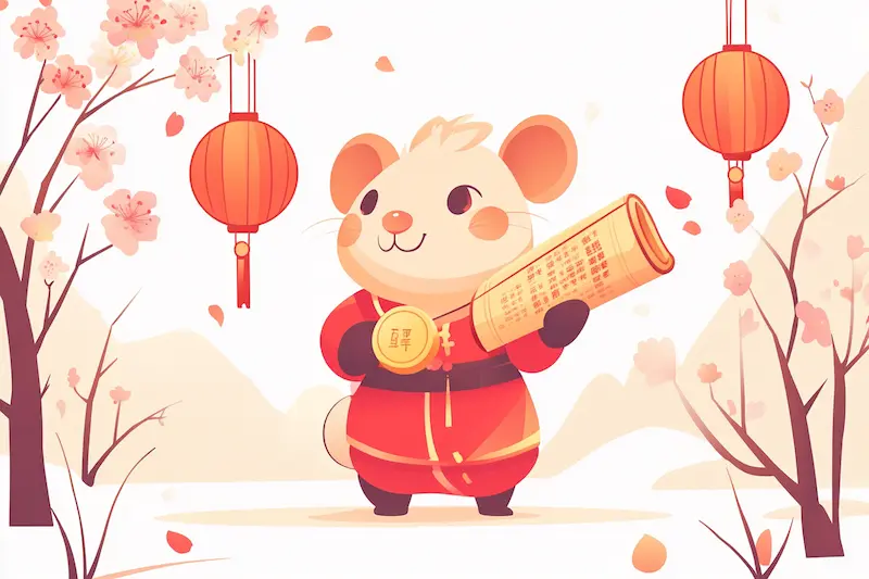 rat in red Chinese costume carrying a Chinese scolls, with Chinese vibe