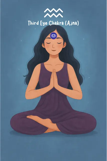 Aquarius woman sitting in meditation pose with Third Eye Chakra (Ajna) glowing on her forehead – representing the most powerful chakra based on zodiac sign for Aquarius, linked to intuition, vision, and higher thinking