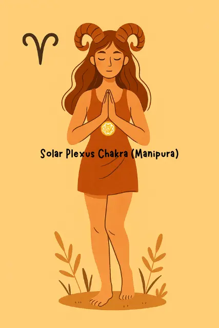 Illustration of Aries woman with Solar Plexus Chakra symbol, representing confidence and personal power, on a warm yellow background – Aries zodiac chakra energy