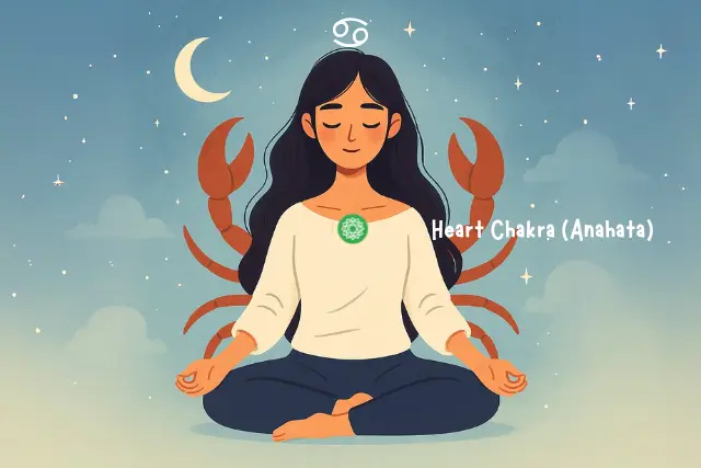 Cancer woman meditating peacefully with Heart Chakra (Anahata) glowing at her chest, representing compassion and emotional depth – showing the most powerful chakra based on zodiac sign for Cancer