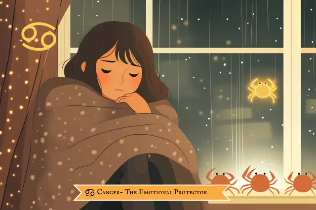 Flat cartoon Cancer character wrapped in a blanket, sitting by a rainy window with a sad expression, surrounded by crabs, reflecting Cancer’s deep emotional nature as a saddest zodiac sign