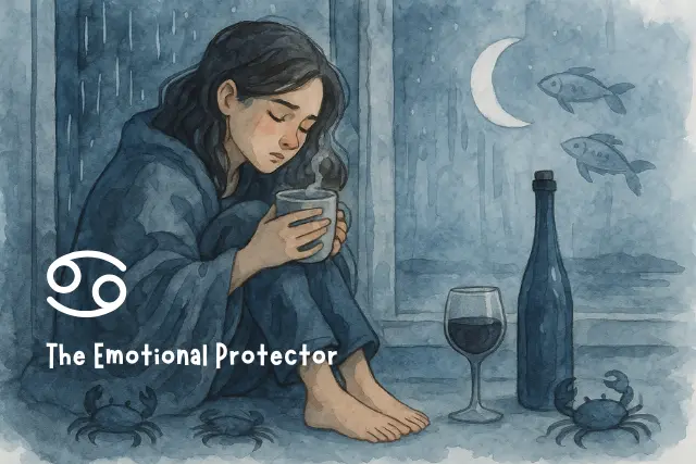 Watercolor illustration of a Cancer woman wrapped in a blanket by a rainy window, holding a warm drink with a wine bottle and glass nearby — symbolizing Cancer as one of the zodiac signs most likely to be an alcoholic due to emotional vulnerability