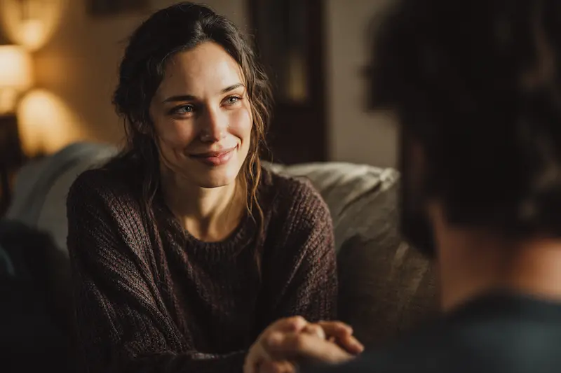 A compassionate woman warmly holds hands with someone, sharing an intimate, emotional moment on a cozy couch. This scene reflects the deep empathy and nurturing qualities of Cancer zodiac signs, who are naturally supportive and emotionally connected in relationships