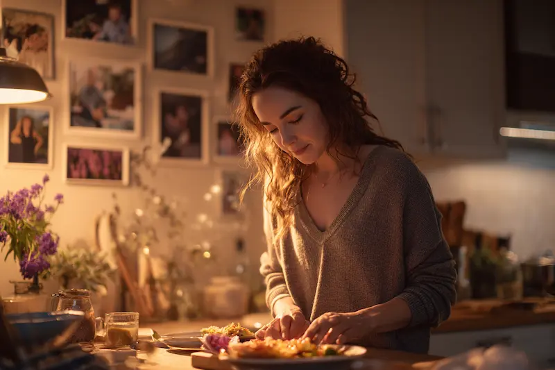 A gentle woman prepares a homemade meal in a cozy, softly lit kitchen surrounded by family photos and flowers. This heartwarming scene captures the nurturing and family-oriented traits of Cancer zodiac signs, who find emotional comfort in creating care-filled spaces for loved ones