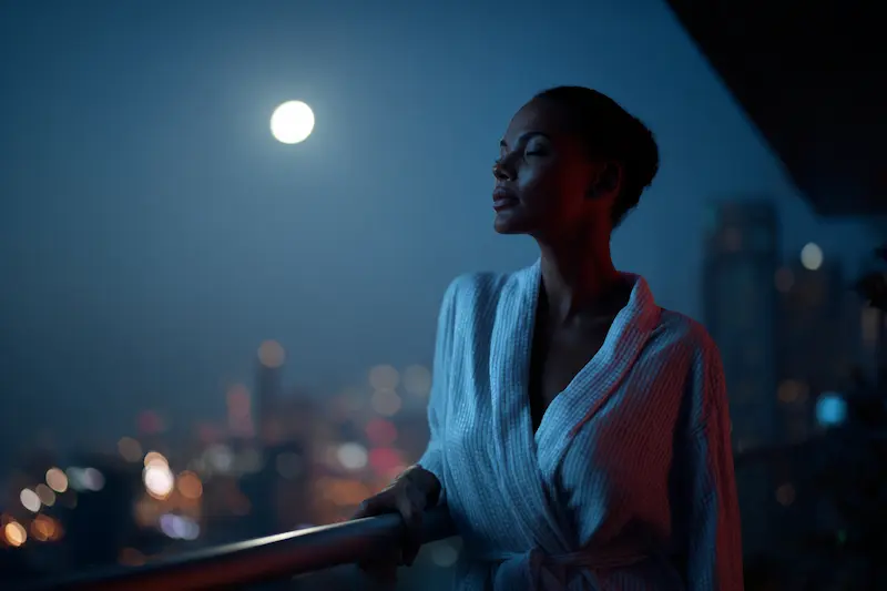 A woman in a white robe stands peacefully on a balcony under a full moon, gazing at the night sky over a city skyline. This photo-realistic image reflects the deep emotional nature of Cancer zodiac signs and their connection to the moon’s influence on feelings and intuition