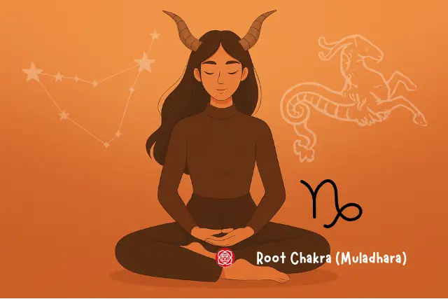 Illustration of a calm Capricorn woman meditating with the Root Chakra symbol glowing at the base of her spine, surrounded by earthy orange tones and constellation elements