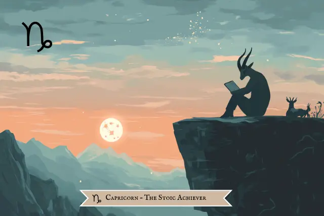 Flat cartoon Capricorn figure sitting alone on a mountain cliff with a laptop, under a sunset sky, representing Capricorn’s quiet emotional struggle and hidden sadness