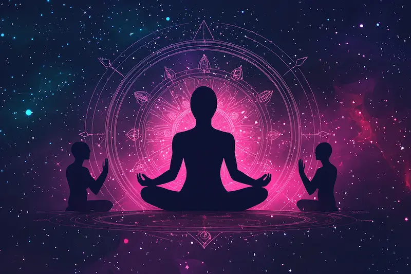 Silhouettes of people meditating in a cosmic space with a glowing mandala and zodiac symbols, representing healing and balance through zodiac sign worst traits