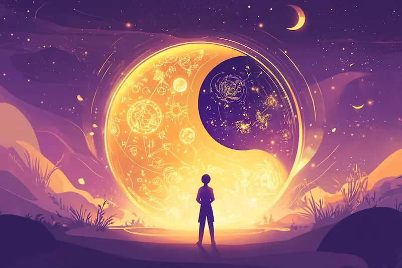 Flat cartoon-style image of a person standing before a giant glowing yin-yang filled with zodiac constellations, symbolizing balance between strengths and zodiac sign worst traits