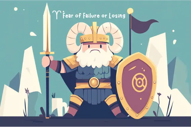 Flat cartoon illustration of an Aries warrior holding a sword and shield with a worried expression, symbolizing fear of failure or losing, under the Aries zodiac sign