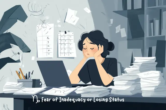 Flat cartoon Capricorn woman overwhelmed at her desk, surrounded by piles of paper and a messy calendar, showing fear of zodiac signs like Capricorn feeling inadequate or losing control.