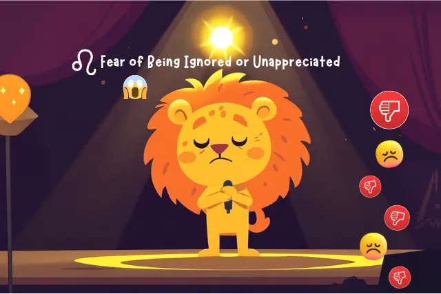 Flat cartoon Leo lion standing alone on stage holding a microphone with a disappointed expression, spotlight on, surrounded by negative reaction icons, illustrating the fear of zodiac signs being ignored or unappreciated