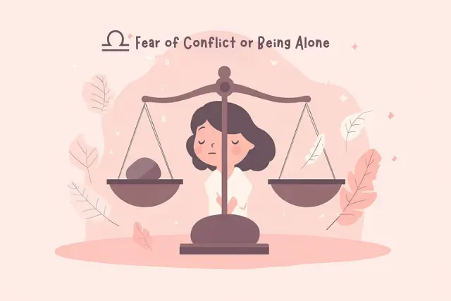 Flat cartoon Libra character standing behind a large balance scale with one rock and one empty side, wearing a worried expression, symbolizing fear of zodiac signs like Libra facing conflict or loneliness