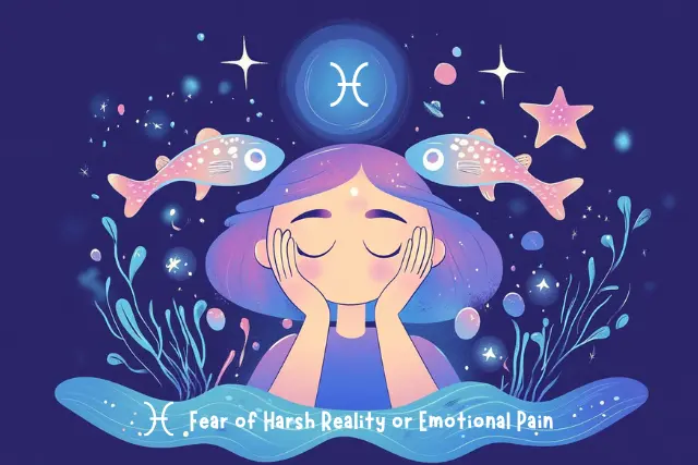 Flat cartoon Pisces character with closed eyes and a sad expression, surrounded by fish, stars, and floating bubbles in a dreamy underwater scene, illustrating the fear of zodiac signs like Pisces facing emotional pain or harsh truths