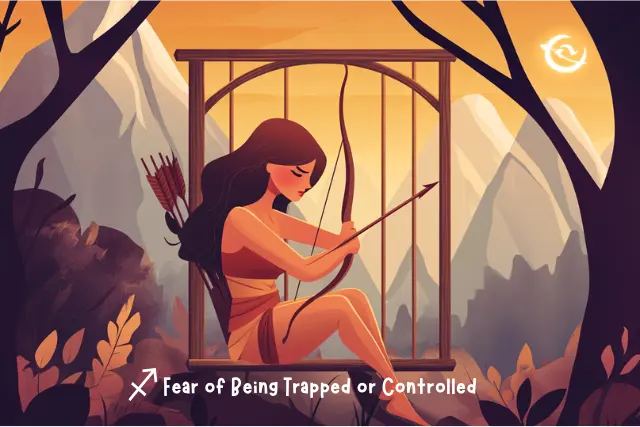 Flat cartoon Sagittarius woman with a bow and arrow sitting inside a wooden cage, looking sad and confined, symbolizing fear of zodiac signs like Sagittarius losing freedom or autonomy