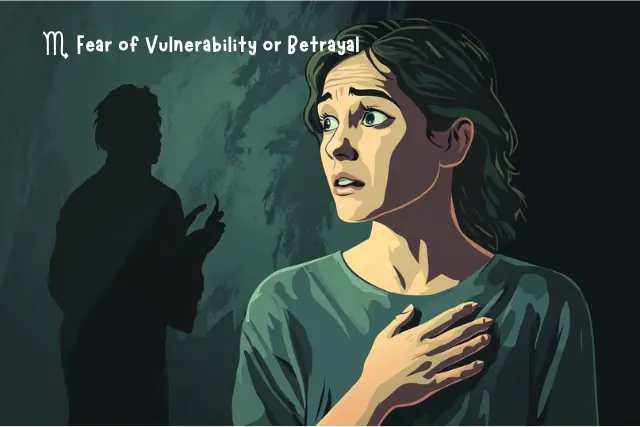Flat illustration of a fearful Scorpio woman holding her chest as a dark shadowy figure with a knife looms in the background, representing fear of zodiac signs like Scorpio being betrayed or emotionally exposed