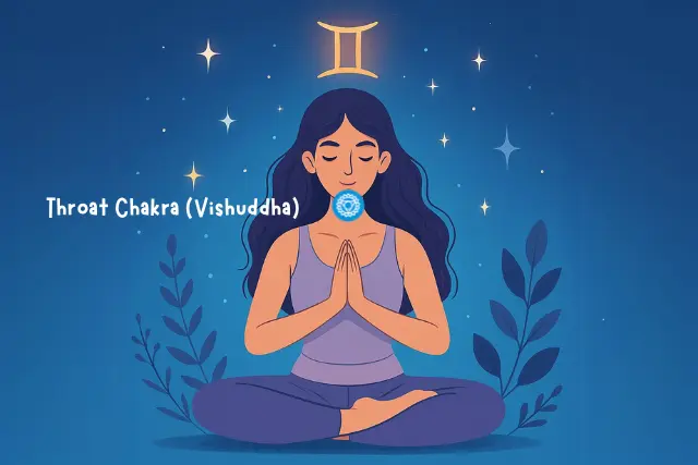Gemini woman meditating with Throat Chakra (Vishuddha) glowing at her neck, symbolizing communication and truth – showing the most powerful chakra based on zodiac sign for Gemini