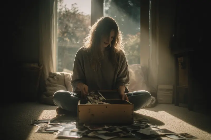 A young woman sits cross-legged on the floor, surrounded by scattered photographs, thoughtfully looking through an old memory box in soft morning light. This emotional moment reflects the nostalgic and sentimental nature of Cancer zodiac signs, deeply connected to their past