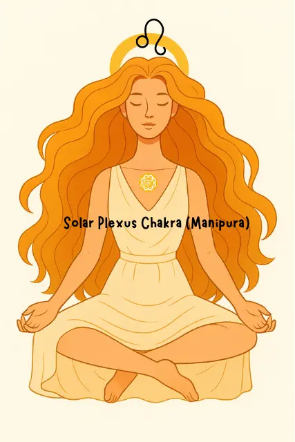 Leo woman with radiant hair meditating in lotus pose, Solar Plexus Chakra (Manipura) glowing at her core – showing the most powerful chakra based on zodiac sign for Leo, symbolizing confidence and personal strength