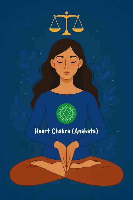 Illustration of Libra woman in meditation pose with glowing Heart Chakra (Anahata) symbol, representing harmony, love, and balance – Libra zodiac chakra alignment