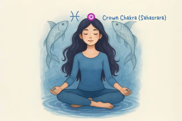 Pisces woman meditating with Crown Chakra (Sahasrara) glowing above her head – symbolizing the most powerful chakra based on zodiac sign for Pisces, associated with spiritual connection, enlightenment, and divine awareness
