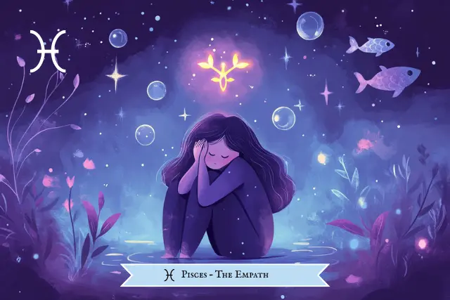 Flat cartoon Pisces girl sitting in a pool of water, surrounded by glowing stars and fish, symbolizing Pisces as the most emotional and empathic among the saddest zodiac signs