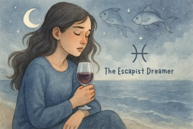 Watercolor illustration of a Pisces woman sitting by the ocean under a crescent moon, holding a glass of red wine in emotional reflection — representing Pisces as the zodiac sign most likely to be an alcoholic