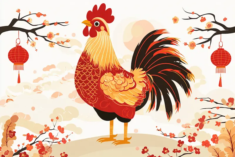 year of the rooster, a rooster with red lanturn and flowers