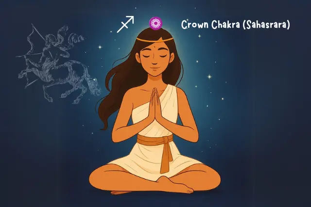 Sagittarius woman meditating with Crown Chakra (Sahasrara) glowing above her head – showing the most powerful chakra based on zodiac sign for Sagittarius, representing spiritual awareness and higher wisdom