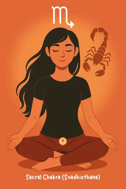 Scorpio woman meditating with Sacral Chakra (Svadhisthana) glowing at the pelvis – showing the most powerful chakra based on zodiac sign for Scorpio, symbolizing emotional depth, passion, and transformation