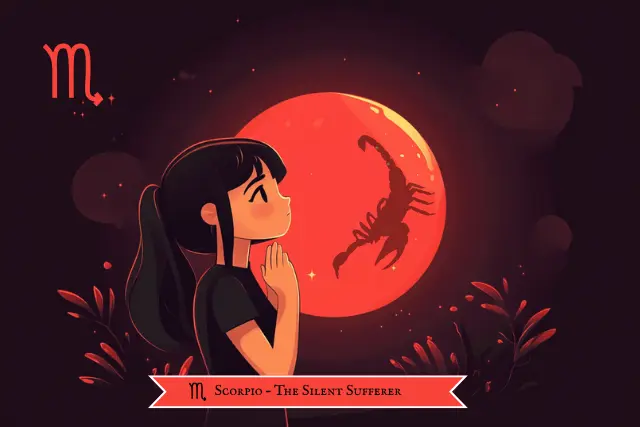 Flat cartoon Scorpio girl in front of a glowing red moon with a scorpion silhouette, hands clasped in emotion, illustrating Scorpio’s intense and hidden sadness