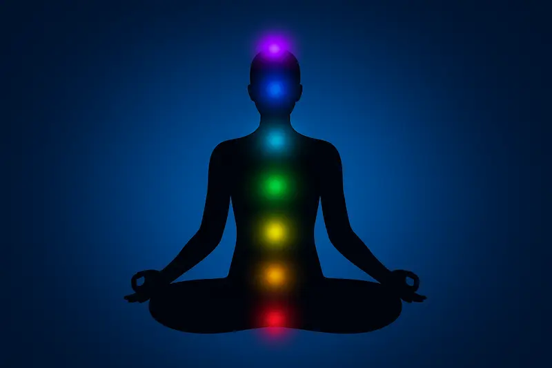 Silhouette of a meditating figure on a blue gradient background with glowing seven chakras aligned along the spine – Root, Sacral, Solar Plexus, Heart, Throat, Third Eye, and Crown – representing chakra energy centers in the body