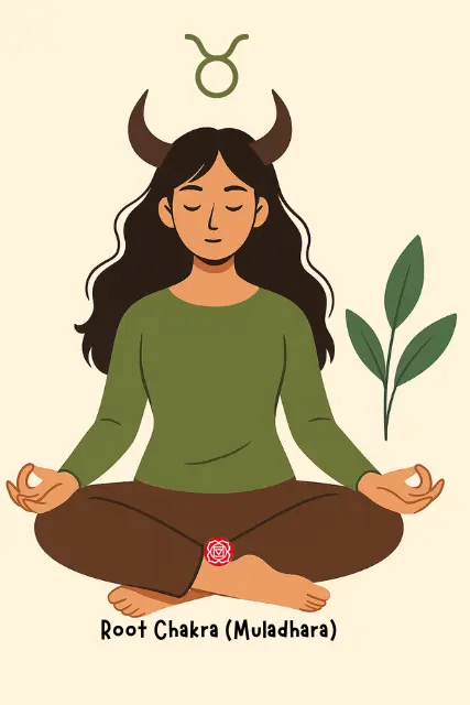 Illustration of Taurus woman meditating with Root Chakra (Muladhara) symbol glowing at the base, symbolizing stability and grounding energy – Taurus zodiac chakra connection