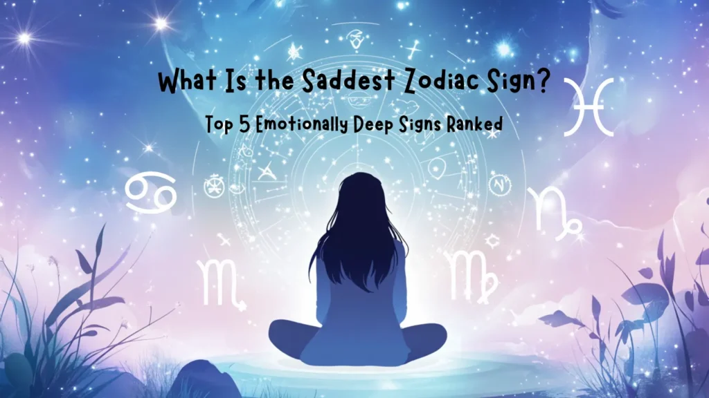 Flat cartoon girl sitting under a glowing zodiac wheel with constellations of Pisces, Cancer, Scorpio, Virgo, and Capricorn, representing the top 5 saddest zodiac signs in astrology