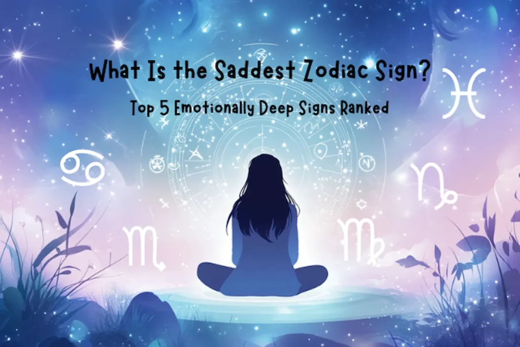 Silhouette of a girl meditating under a glowing star map with zodiac signs around her, representing emotional depth and the search for the saddest zodiac sign
