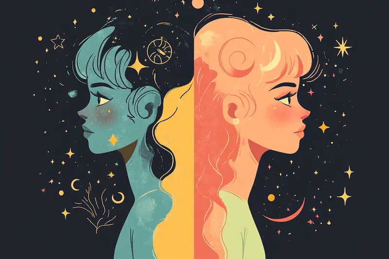 Flat cartoon illustration of two female figures side by side, one in dark blue tones representing shadow traits and the other in warm peach tones representing light traits, surrounded by zodiac symbols and stars, symbolizing the dual nature of each zodiac sign