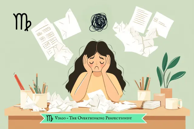 Flat cartoon Virgo girl overwhelmed at her desk with flying papers and tangled thoughts above her, symbolizing Virgo as one of the saddest zodiac signs due to overthinking and perfectionism