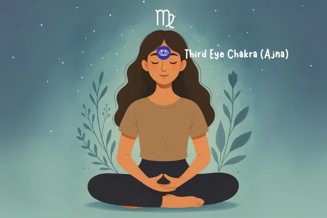 Virgo woman meditating calmly with Third Eye Chakra (Ajna) glowing on her forehead – showing the most powerful chakra based on zodiac sign for Virgo, highlighting intuition and inner clarity