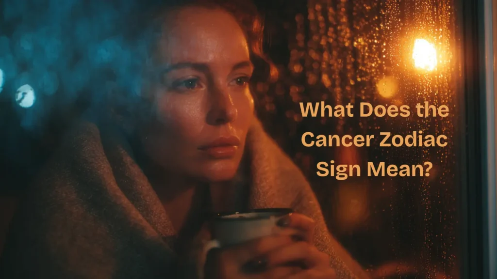 A thoughtful woman wrapped in a blanket stares out a rain-covered window while holding a warm mug, with soft lighting creating a reflective mood. Text on the window reads "What Does the Cancer Zodiac Sign Mean?"—capturing the emotional depth and introspective nature of Cancer signs