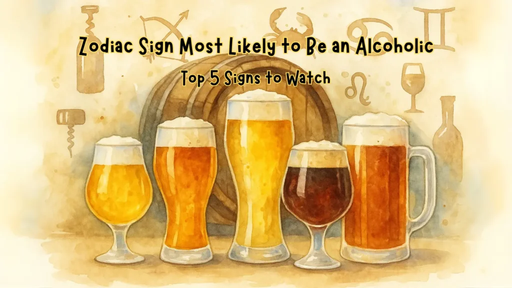Watercolor-style feature image showing various types of beer glasses and a wooden barrel with zodiac symbols in the background, illustrating the article "Zodiac Sign Most Likely to Be an Alcoholic – Top 5 Signs to Watch