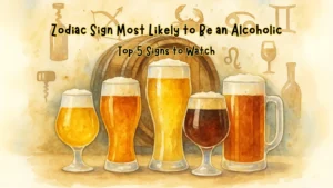 Watercolor-style feature image showing various types of beer glasses and a wooden barrel with zodiac symbols in the background, illustrating the article "Zodiac Sign Most Likely to Be an Alcoholic – Top 5 Signs to Watch