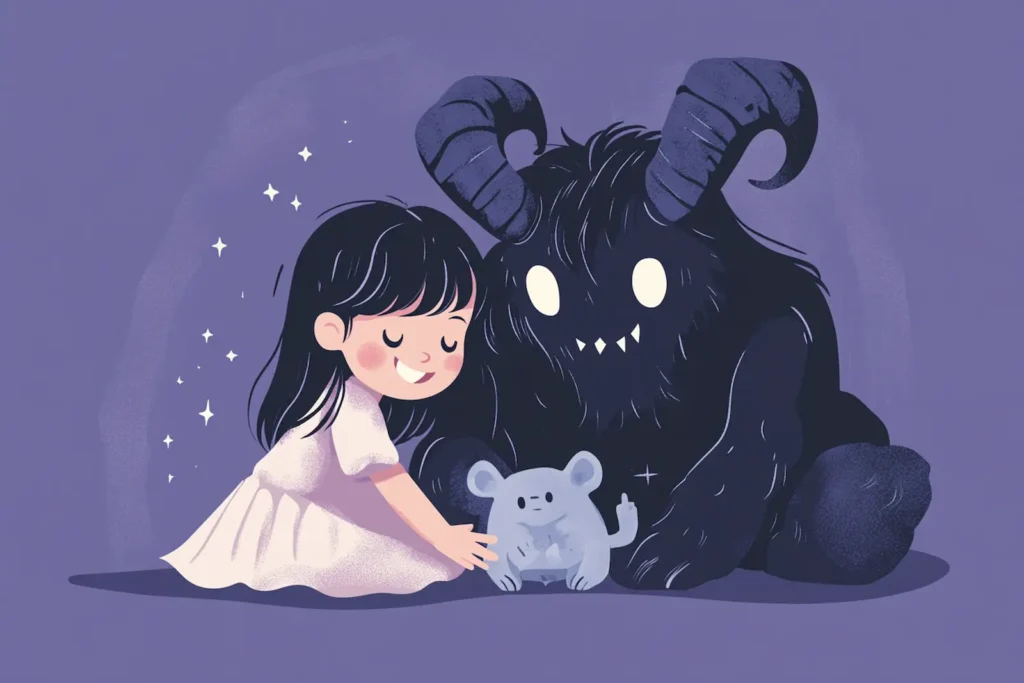 Flat cartoon illustration of a smiling girl petting a soft toy while sitting next to a dark horned shadow figure, symbolizing hidden flaws and zodiac sign worst traits