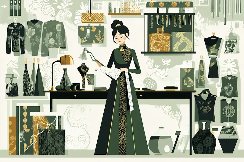 Chinese woman as snake sign working as fashion designer