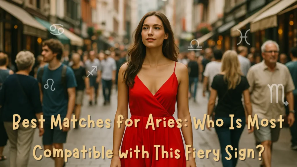 A confident woman in a striking red dress walks through a bustling city street filled with people, symbolizing Aries energy and the search for the best matches for Aries among many zodiac signs — featured text highlights the article’s title.