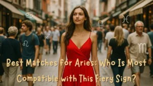 A confident woman in a striking red dress walks through a bustling city street filled with people, symbolizing Aries energy and the search for the best matches for Aries among many zodiac signs — featured text highlights the article’s title.